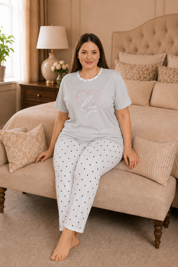 TK - Desenli Büyük Beden Pijama Takımı Açık Gri