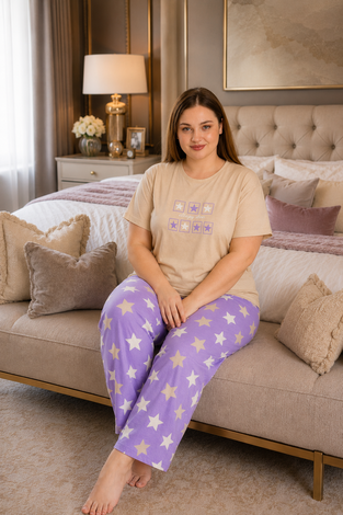 Desenli Büyük Beden Pijama Takımı Bej
