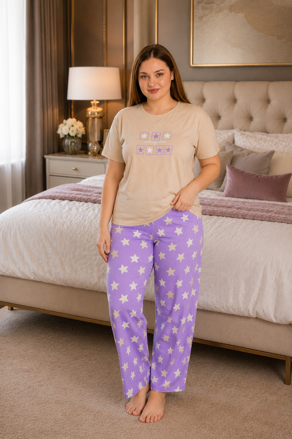 TK - Desenli Büyük Beden Pijama Takımı Bej (1)