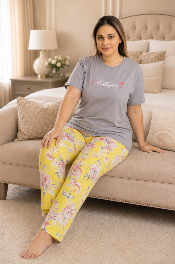 TK - Desenli Büyük Beden Pijama Takımı Gri