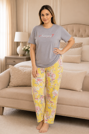 Desenli Büyük Beden Pijama Takımı Gri - Thumbnail