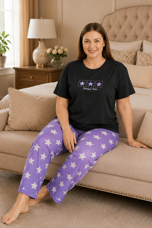 Desenli Büyük Beden Pijama Takımı Lacivert