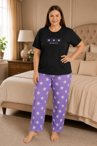 Desenli Büyük Beden Pijama Takımı Lacivert - Thumbnail