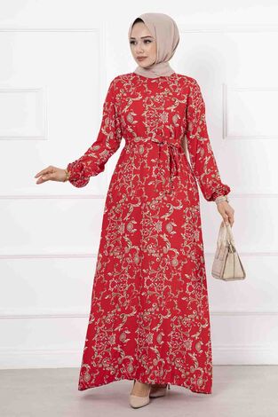 Desenli Cep Detaylı Elbise Kırmızı - Thumbnail