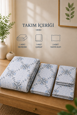 Desenli Çift Kişilik Nevresim Takımı Mavi - Thumbnail