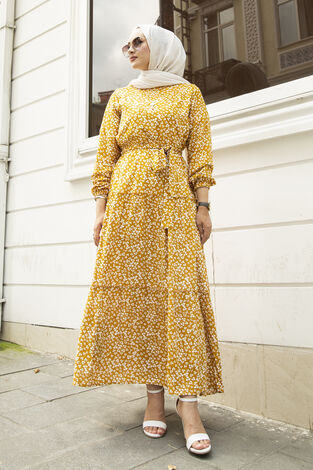 Çıtır Desenli Çingene Elbise 100MD10491 Hardal - Thumbnail