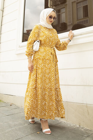 Çıtır Desenli Çingene Elbise 100MD10491 Hardal - Thumbnail