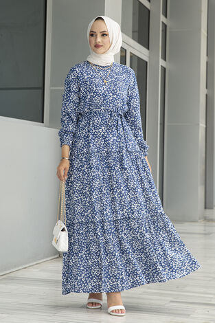 Çıtır Desenli Çingene Elbise 100MD10491 İndigo - Thumbnail