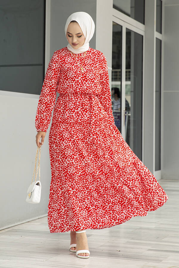 Çıtır Desenli Çingene Tesettür Elbise 100MD10491 Kırmızı