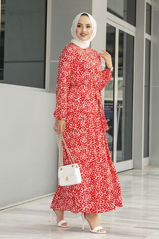 Çıtır Desenli Çingene Tesettür Elbise 100MD10491 Kırmızı - Thumbnail