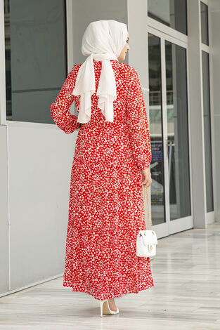 Çıtır Desenli Çingene Tesettür Elbise 100MD10491 Kırmızı - Thumbnail