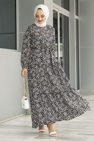 Çıtır Desenli Çingene Tesettür Elbise 100MD10491 Siyah - Thumbnail