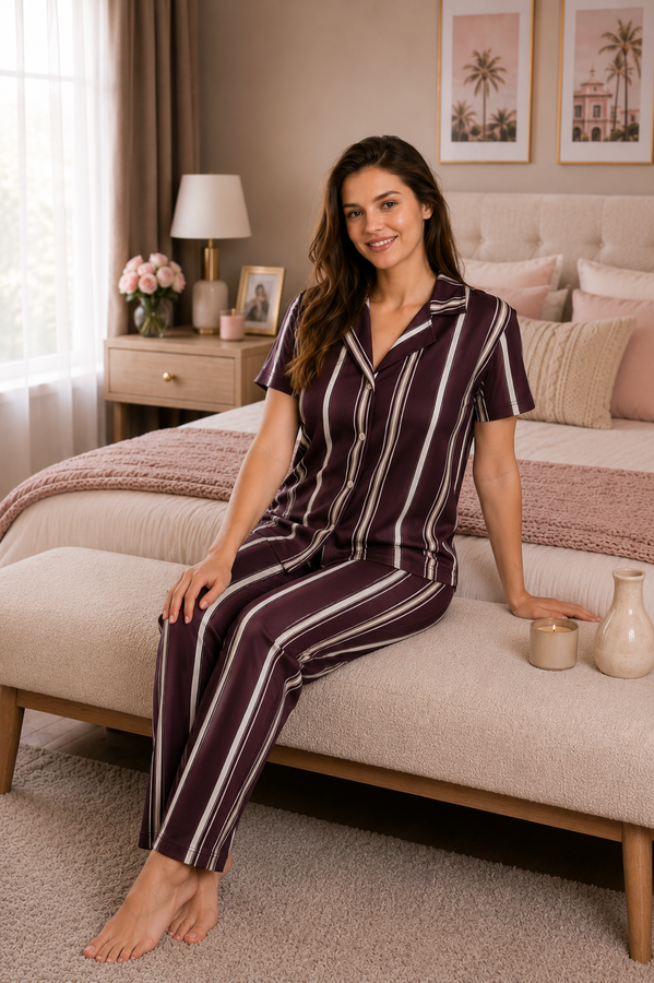 TK - Desenli Düğmeli Pijama Takımı Mürdüm