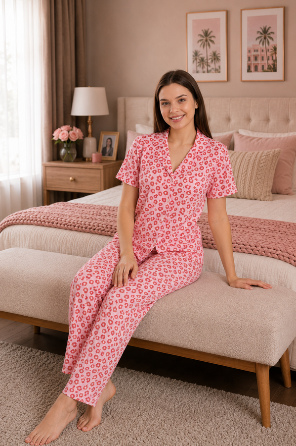 TK - Desenli Düğmeli Pijama Takımı Pembe-Kırmızı