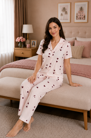 Desenli Düğmeli Pijama Takımı Pudra