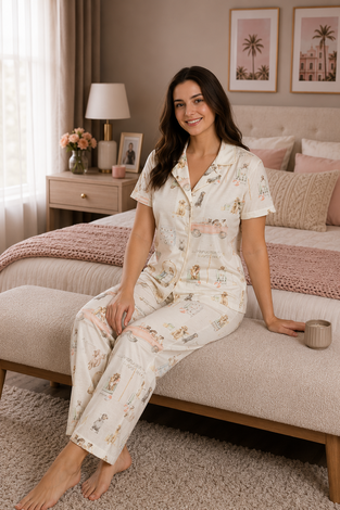 Desenli Düğmeli Pijama Takımı Taş