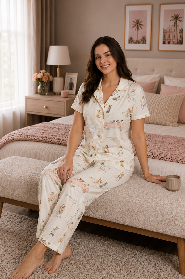 TK - Desenli Düğmeli Pijama Takımı Taş