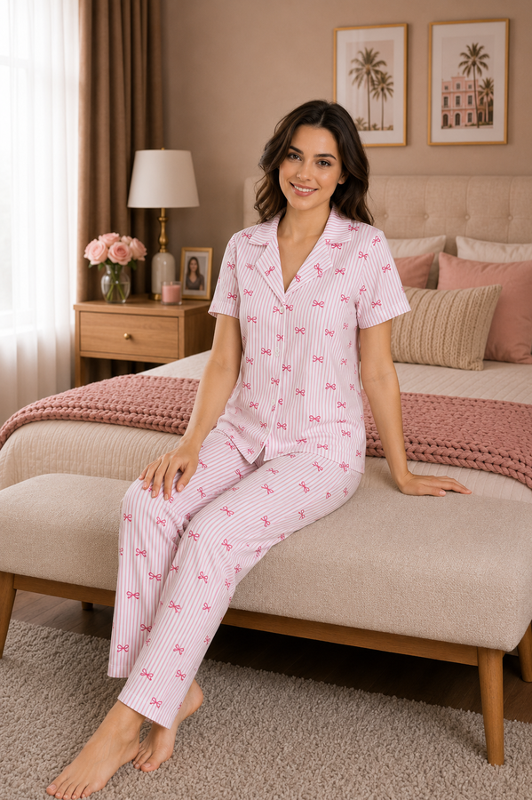TK - Desenli Düğmeli Pijama Takımı Toz Pembe