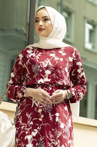 Desenli Elbise 120NY-4513 Bordo - Thumbnail