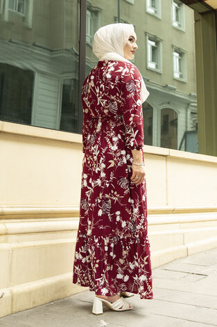 Desenli Elbise 120NY-4513 Bordo - Thumbnail