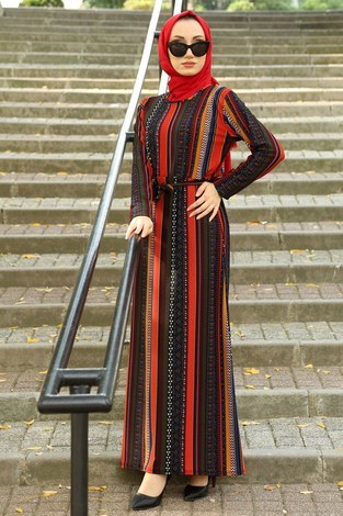 Desenli Elbise 8558-04 - Thumbnail