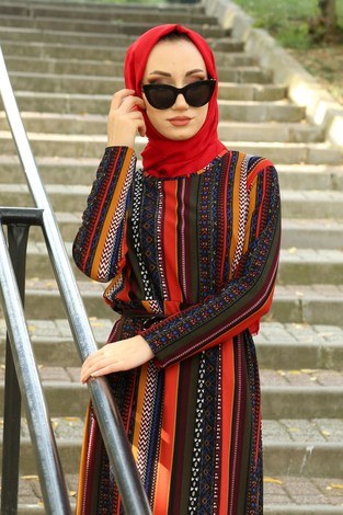 Desenli Elbise 8558-04 - Thumbnail