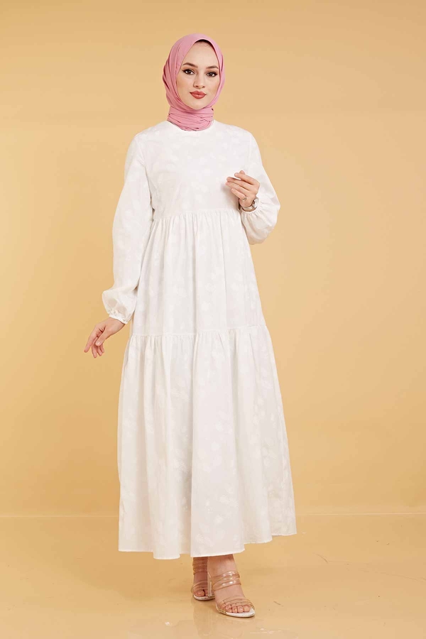 Desenli Fisto Elbise 100MD10232 Beyaz