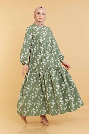 Desenli Fisto Elbise 100MD10232 Çam Fıstığı - Thumbnail