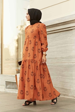 Desenli Fisto Elbise 2162-4 Taba - Thumbnail