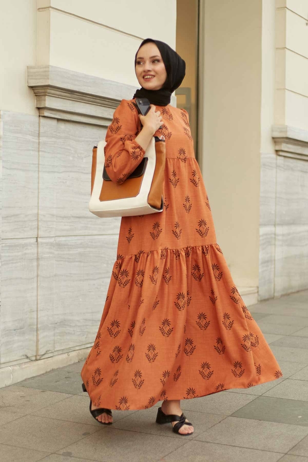  - Desenli Fisto Elbise 2162-4 Taba
