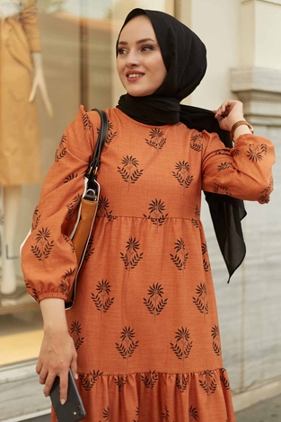 Desenli Fisto Elbise 2162-4 Taba - Thumbnail
