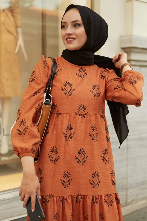  - Desenli Fisto Elbise 2162-4 Taba (1)