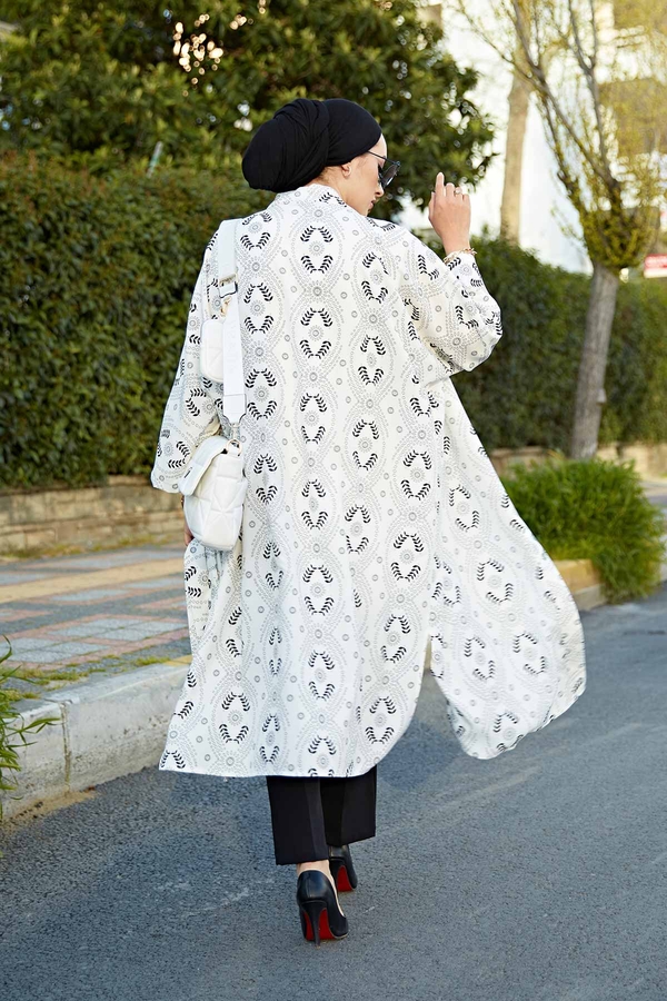 Desenli Tesettür Kimono 100MD-7258 Beyaz