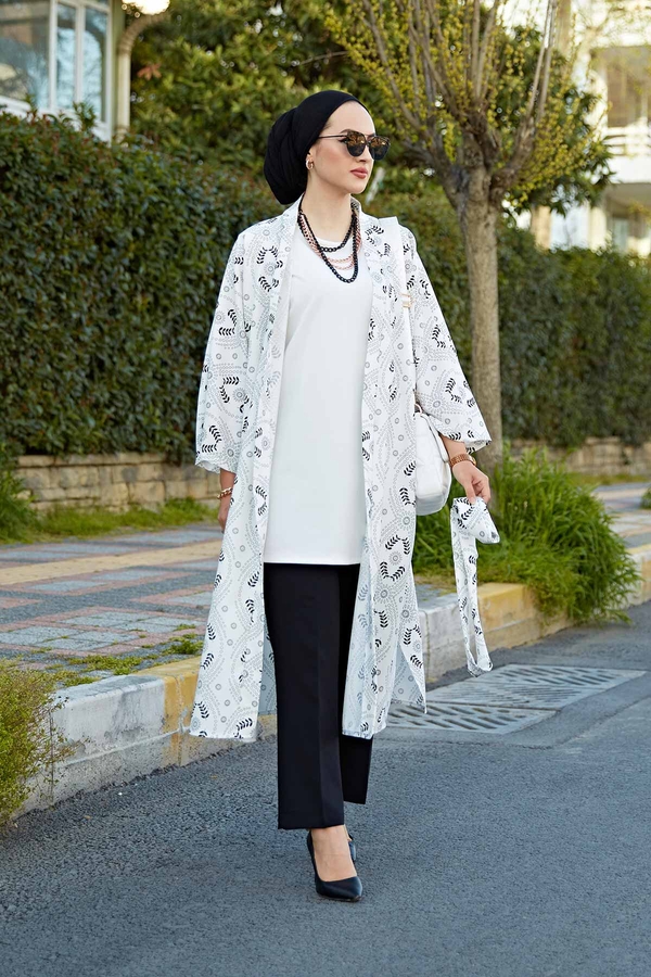 Desenli Tesettür Kimono 100MD-7258 Beyaz