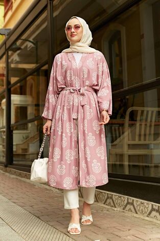 Desenli Tesettür Kimono 100MD-7268 Pudra - Thumbnail