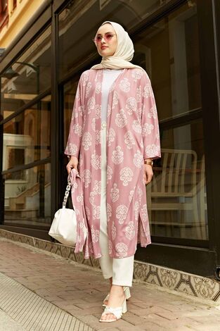 Desenli Tesettür Kimono 100MD-7268 Pudra - Thumbnail