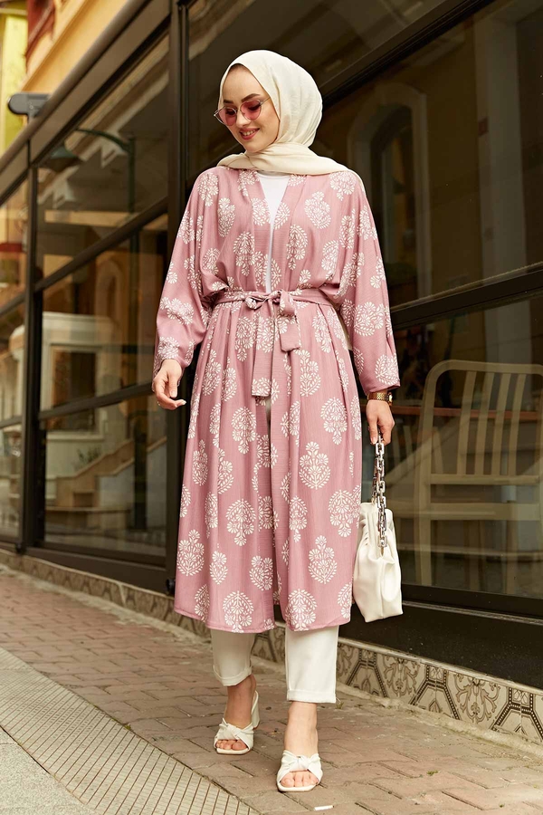 MD - Desenli Tesettür Kimono 100MD-7268 Pudra