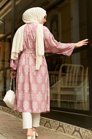 Desenli Tesettür Kimono 100MD-7268 Pudra - Thumbnail