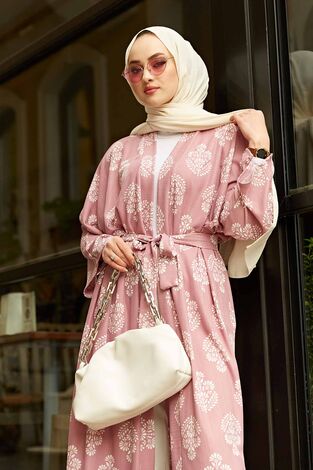 Desenli Tesettür Kimono 100MD-7268 Pudra - Thumbnail