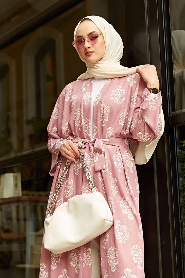 MD - Desenli Tesettür Kimono 100MD-7268 Pudra (1)