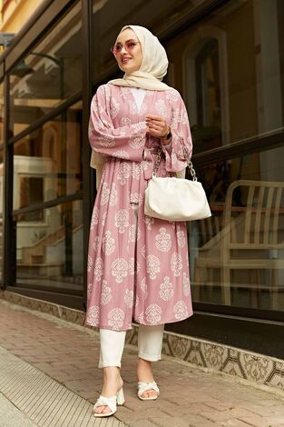 Desenli Tesettür Kimono 100MD-7268 Pudra - Thumbnail