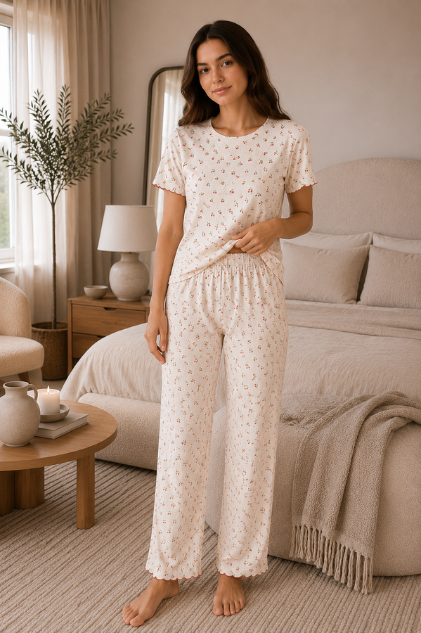 Fms - Desenli Kısa Kol Pijama Takımı Beyaz