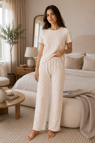 Desenli Kısa Kol Pijama Takımı Ekru