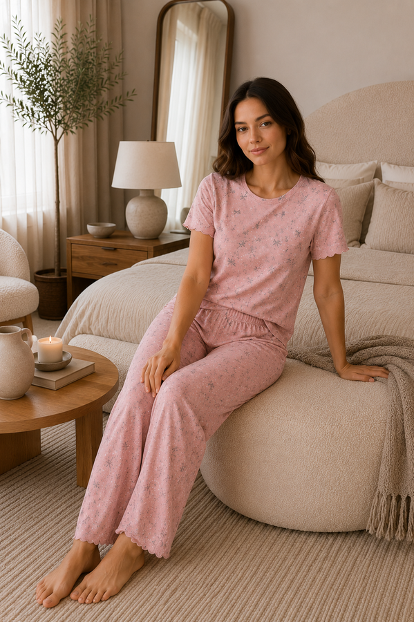 Fms - Desenli Kısa Kol Pijama Takımı Pembe