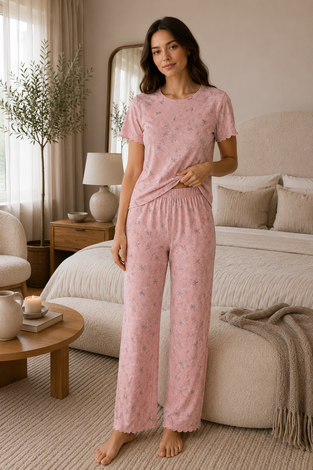 Desenli Kısa Kol Pijama Takımı Pembe - Thumbnail