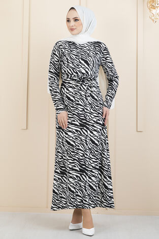 Zebra Desenli Krep Tesettür Elbise Siyah-Beyaz - Thumbnail