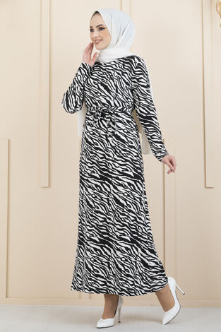 Zebra Desenli Krep Tesettür Elbise Siyah-Beyaz - Thumbnail