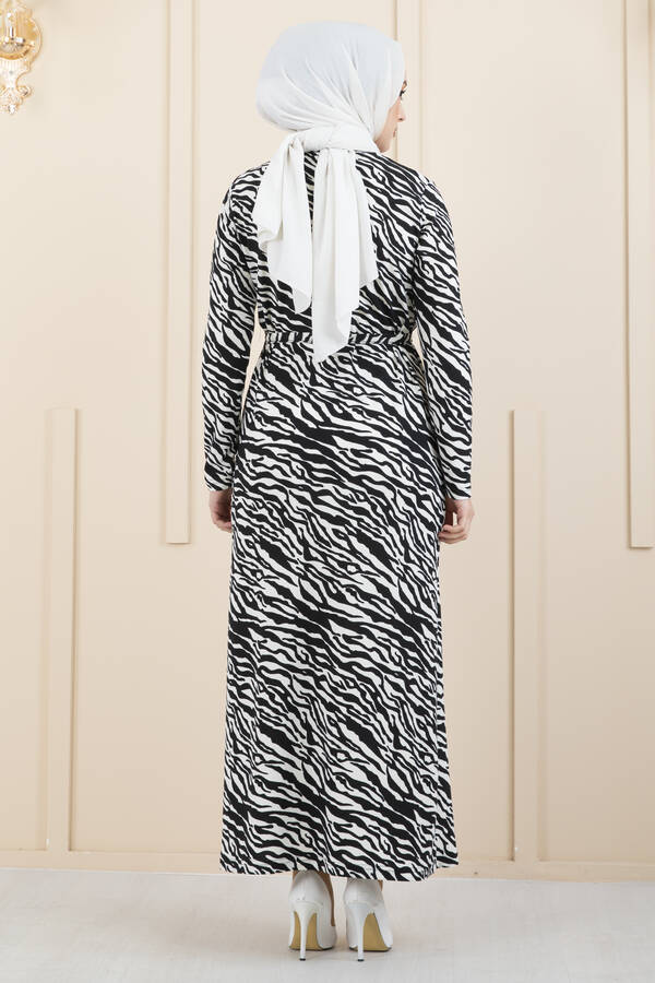 Zebra Desenli Krep Tesettür Elbise Siyah-Beyaz