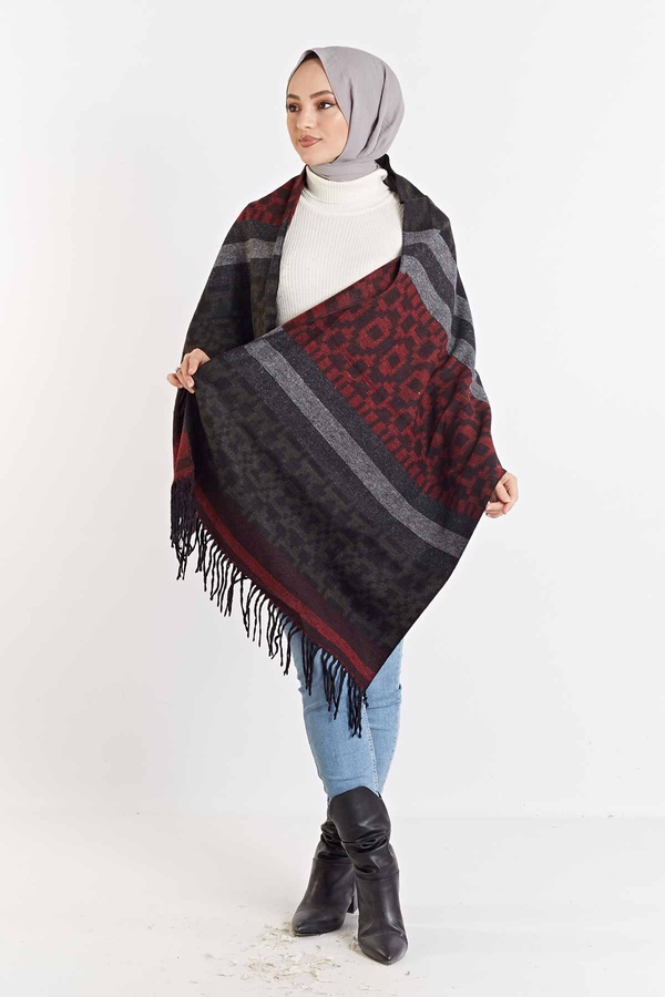  - Desenli Omuz Şalı 190E21678 Bordo