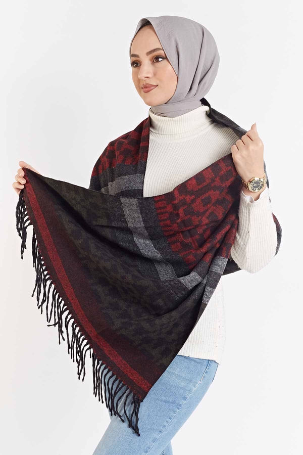  - Desenli Omuz Şalı 190E21678 Bordo (1)